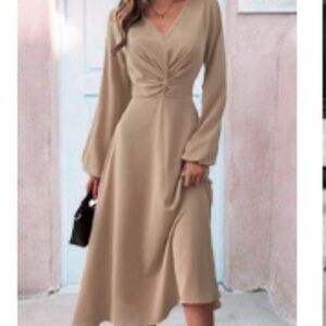 Elegant Beige Twist Front Dress V Neck Small